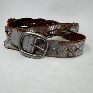 Fossil Womens Silver Metallic Braided Leather Belt Size‎ Large Boho Genuine